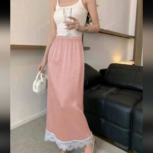 Spring And Summer Fashion Pure Color Satin Splicing Lace Slim Split A-Line Women